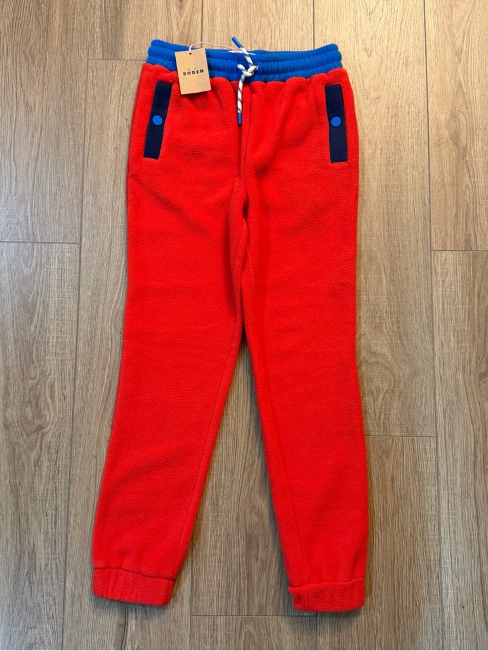 NWT Mini Boden Red Fleece Joggers with Blue Trim (Sz 10-11)
